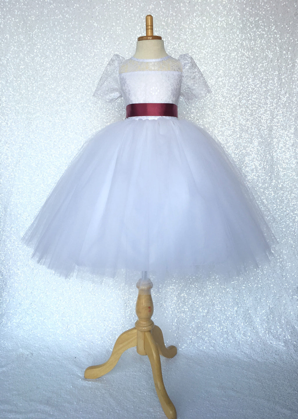 Lace Sleeve White 4 Layer Tulle Princess Dress Burgundy Satin Ribbon