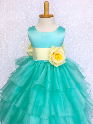 Satin Aqua Organza Ruffle Sleeveless Dress Sash Flower