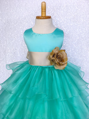 Satin Aqua Organza Ruffle Sleeveless Dress Sash Flower