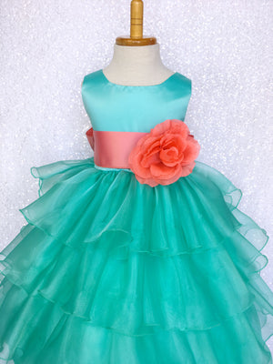 Satin Aqua Organza Ruffle Sleeveless Dress Sash Flower