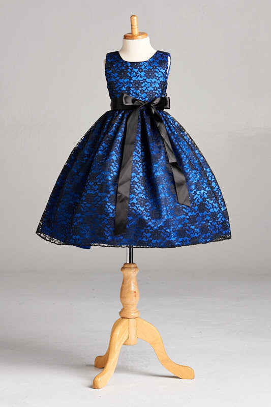 Sleeveless Floral Black Lace Royal Blue Lining Dress