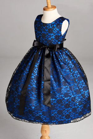 Sleeveless Floral Black Lace Royal Blue Lining Dress