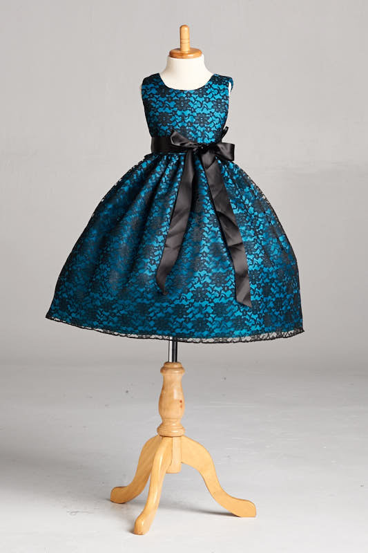 Black Floral Lace Teal Lining Gown