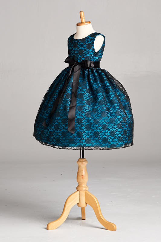 Black Floral Lace Teal Lining Gown