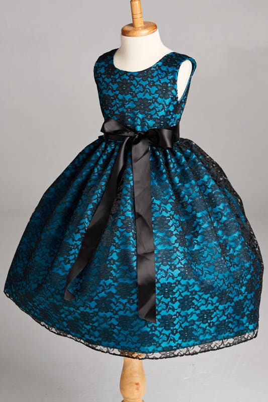 Black Floral Lace Teal Lining Gown