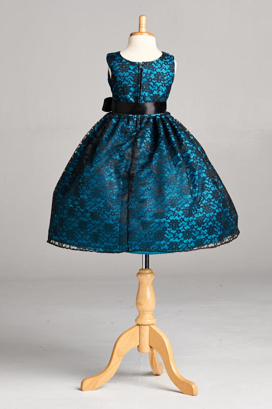 Black Floral Lace Teal Lining Gown