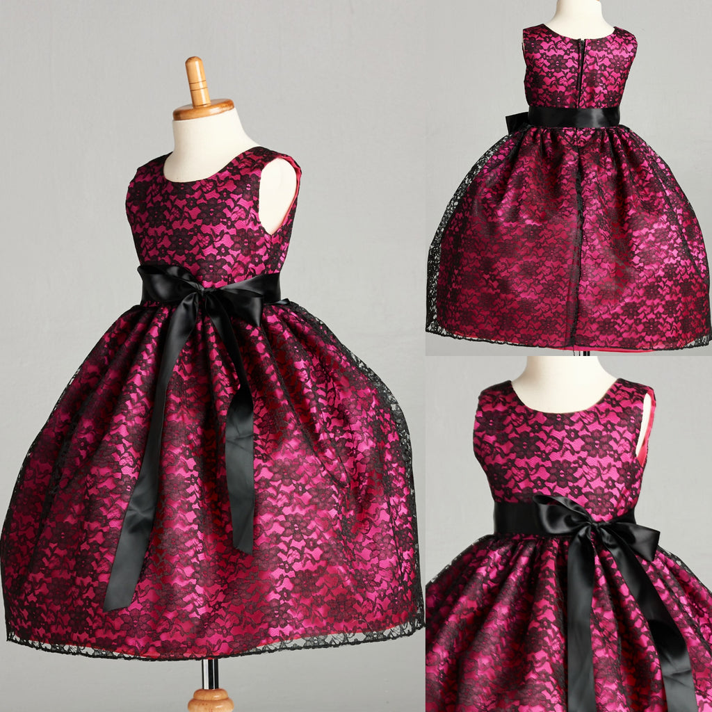 Sleeveless Floral Black Lace Fuchsia Lining Dress