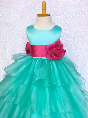 Satin Aqua Organza Ruffle Sleeveless Dress Sash Flower