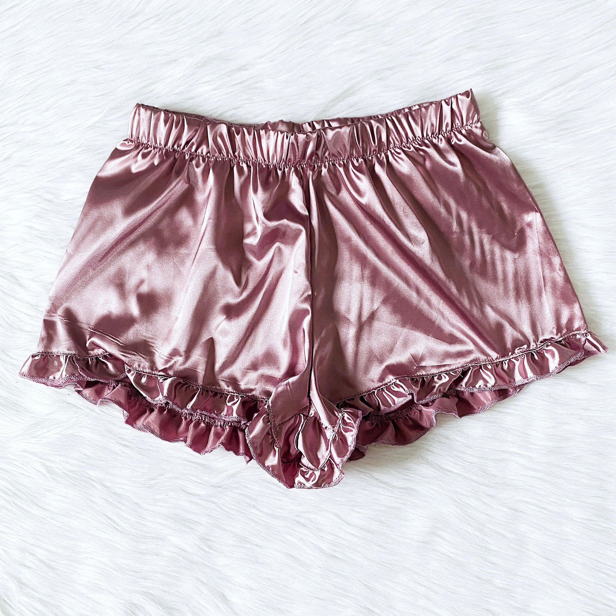 Adult Women Pajama Blush Satin Shorts Ruffle PJ