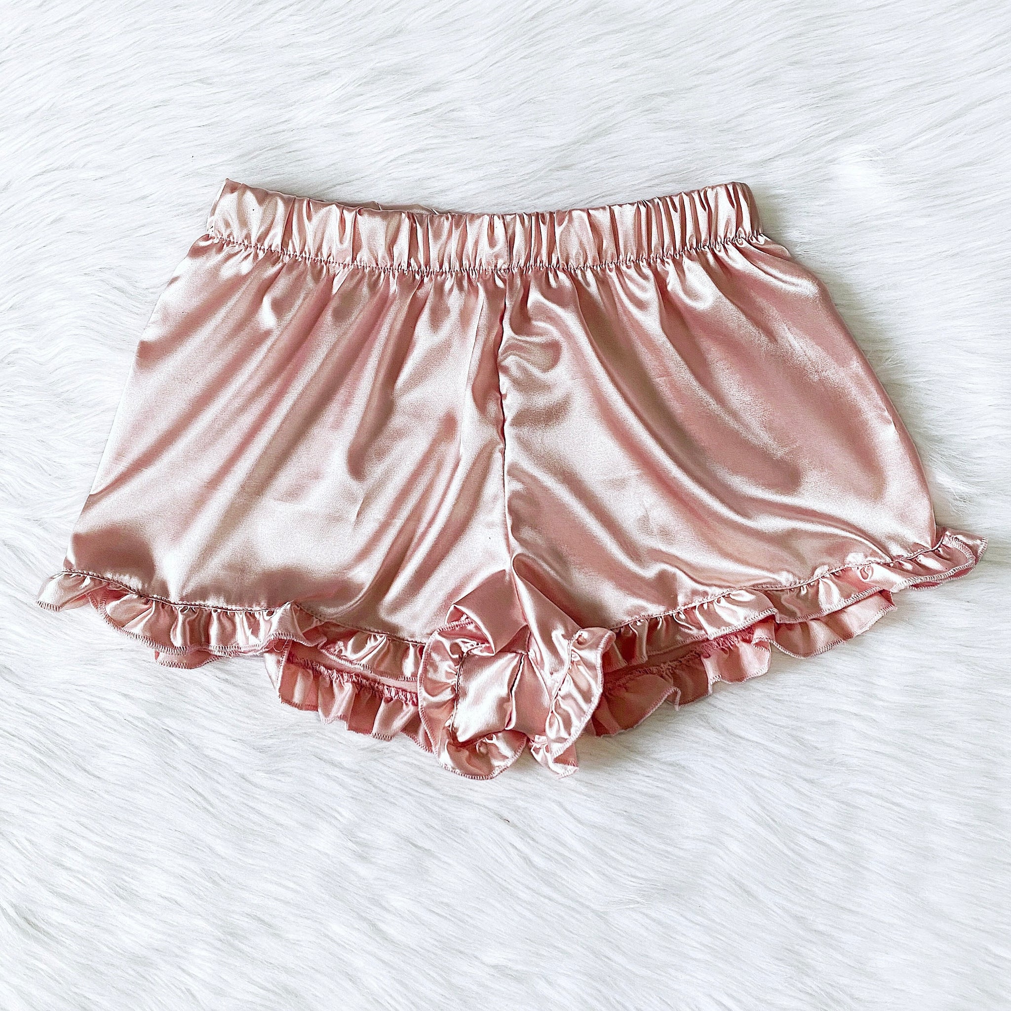 Loungewear Satin Ruffle Trim Pajama Champagne PJ Adult Shorts