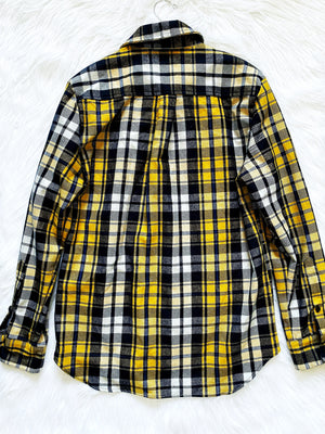 Navy Yellow Button Up Plaid Flannel Adult Shirt Unisex