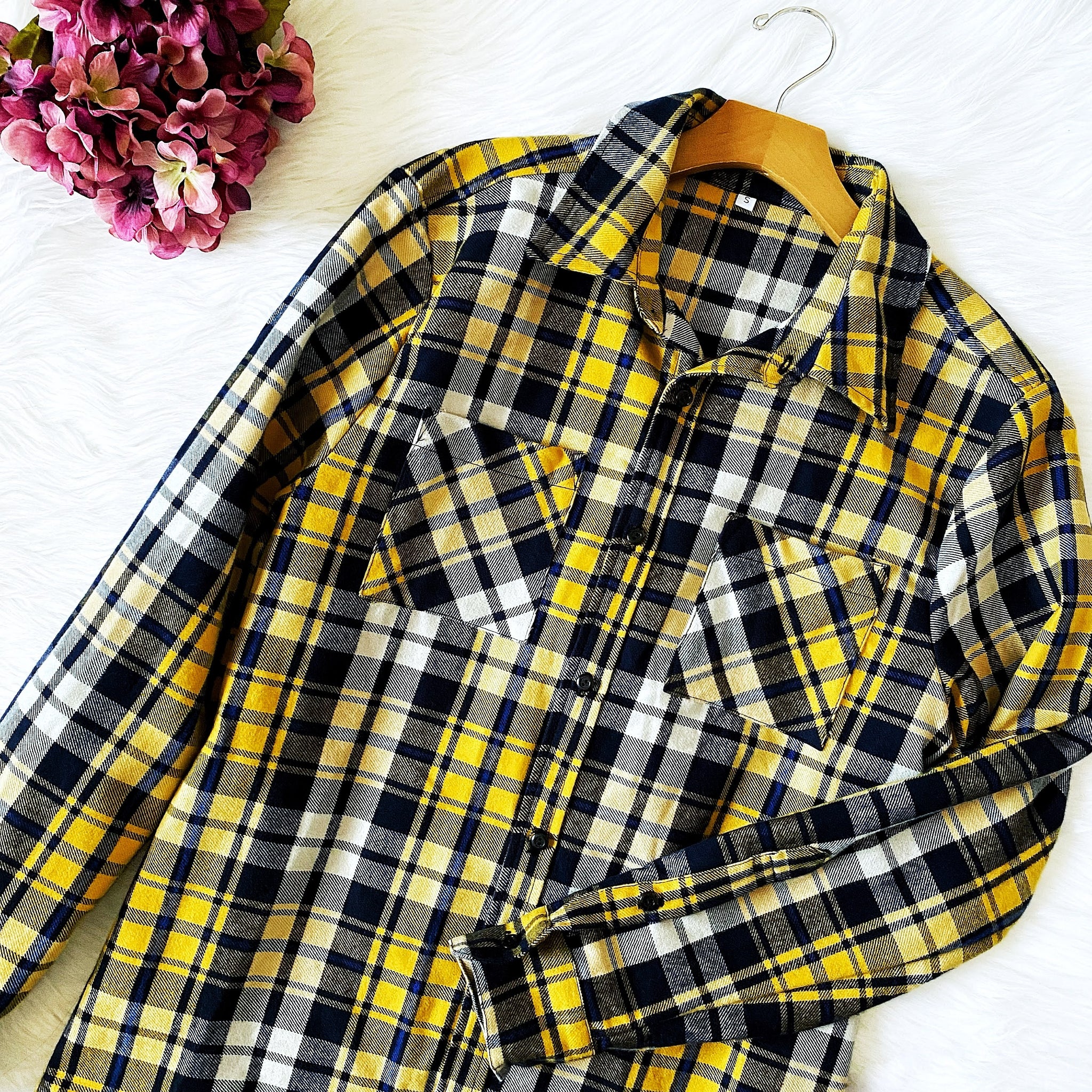 Navy Yellow Button Up Plaid Flannel Adult Shirt Unisex