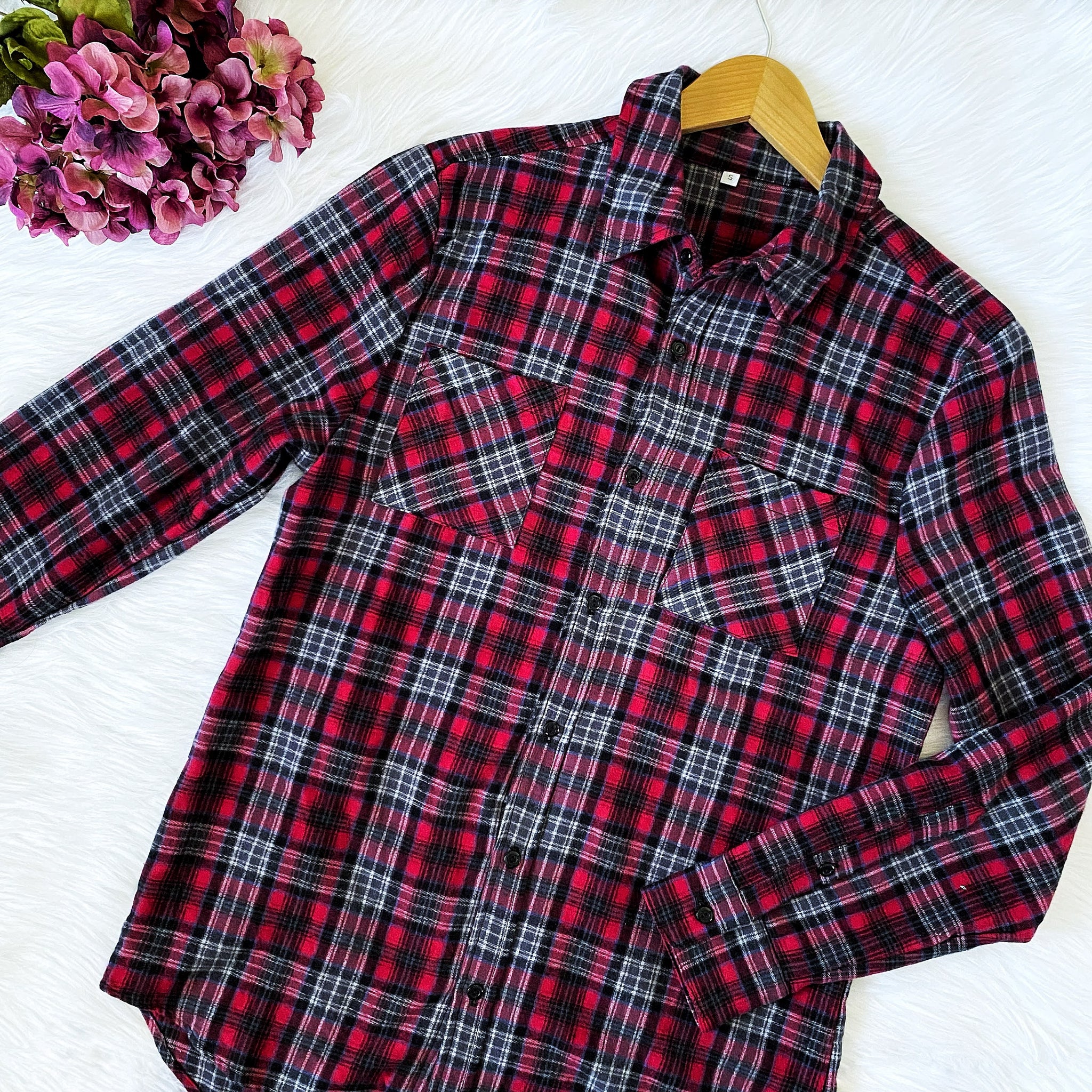 Gray Red Buffalo Plaid Flannel Long Sleeve Cotton Adult Unisex Shirt