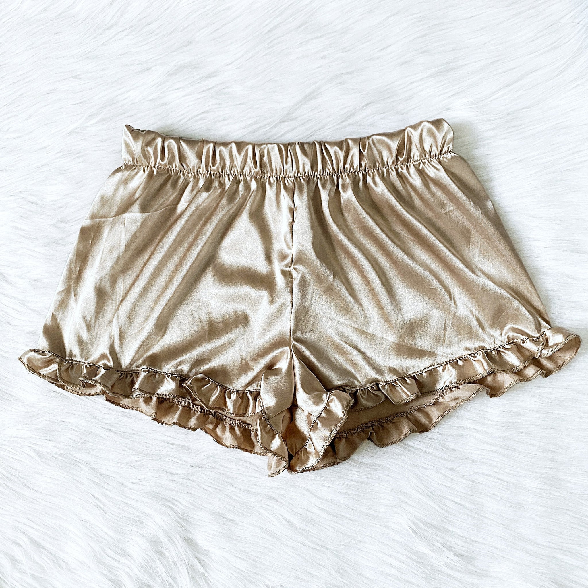 Rust Satin PJ Shorts Ruffle Pajama Adult Women Sleepwear