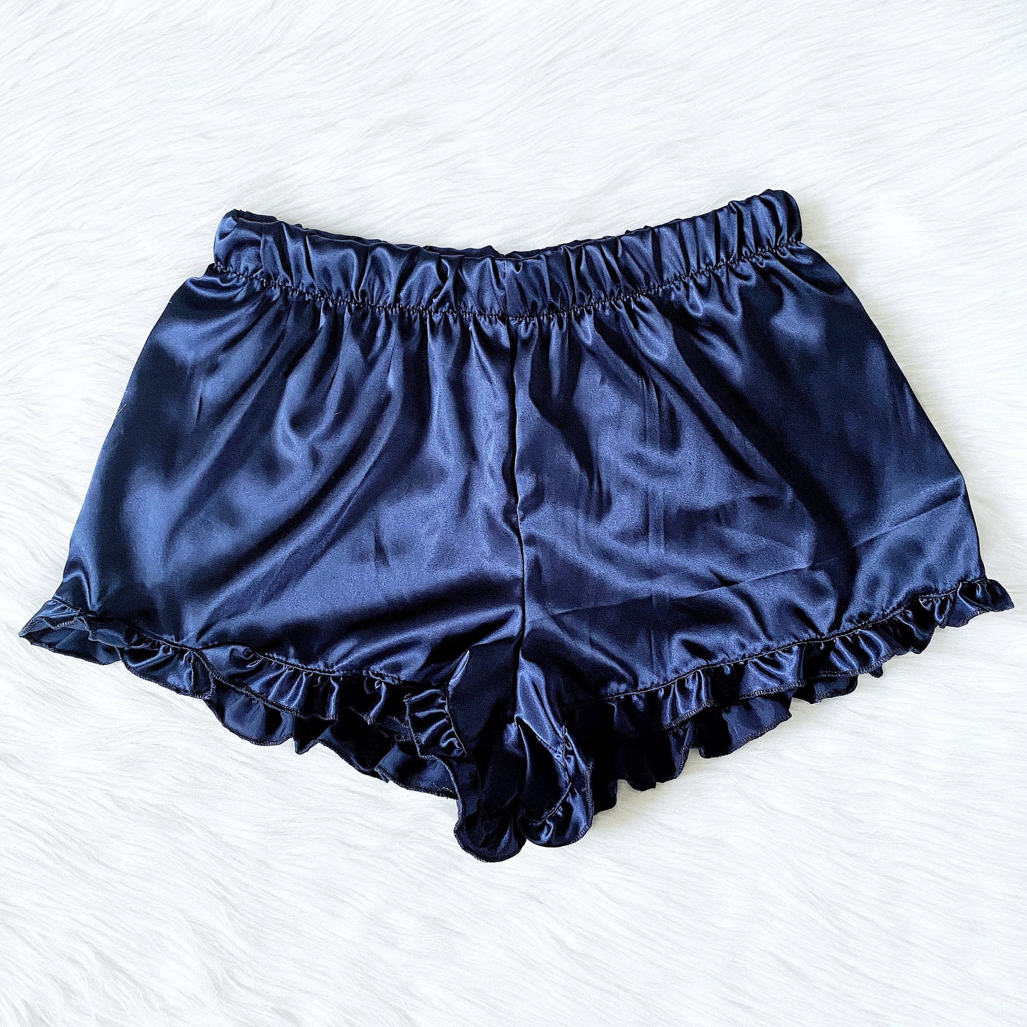 Satin PJ Black Shorts Ruffle Pajama Adult Women Sleepwear