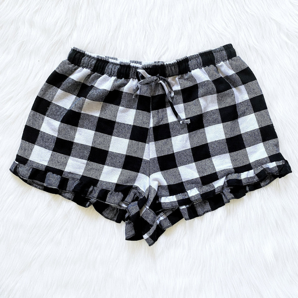 White Black PJ Youth Pajama Plaid Ruffle Shorts