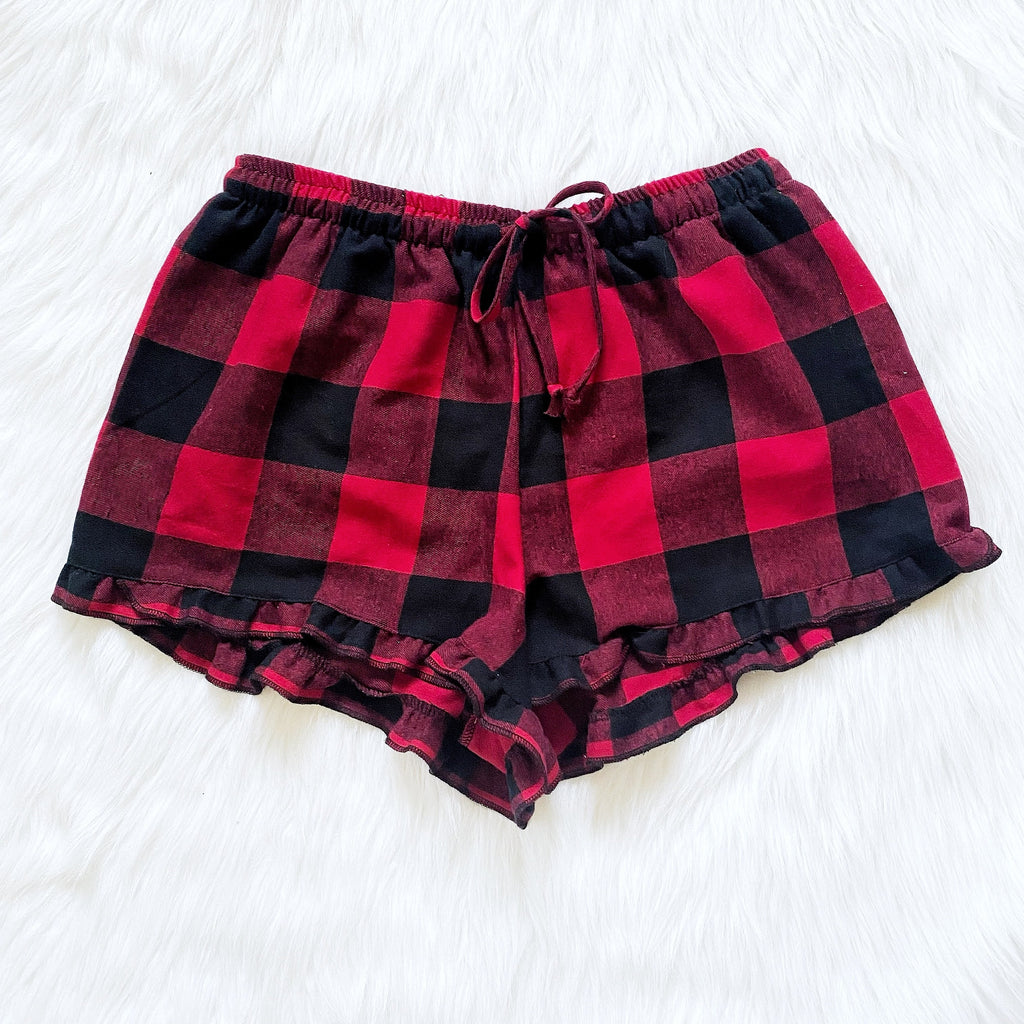 Women Pajama Plaid Red Black Shorts Ruffle Adult PJ