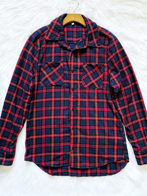 Casualwear Navy Red Flannel Top Plaid Button Up Adult Shirt