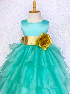 Satin Aqua Organza Ruffle Sleeveless Dress Sash Flower