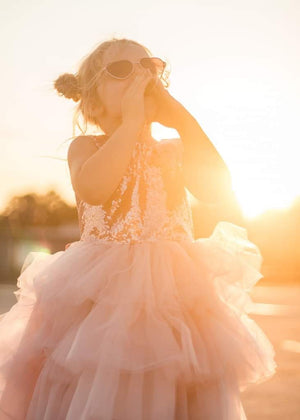 White Sequin V Back Sleeveless Blush Tulle High Low Girl Dress