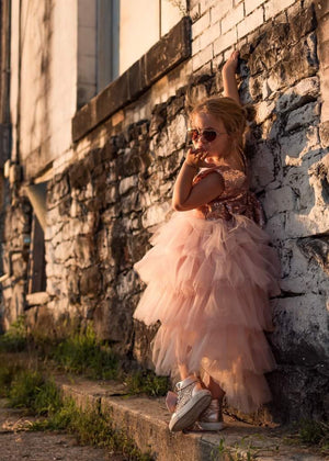 Blush Rose Gold V Back Sleeveless Sequin Tulle High Low Dress