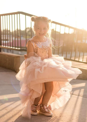 White Sequin V Back Sleeveless Blush Tulle High Low Girl Dress