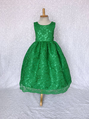 Sleeveless Kelly Green French Lace V-Back Dress Bow