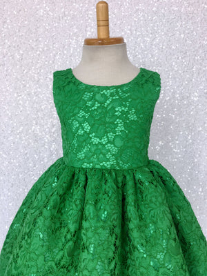 Sleeveless Kelly Green French Lace V-Back Dress Bow