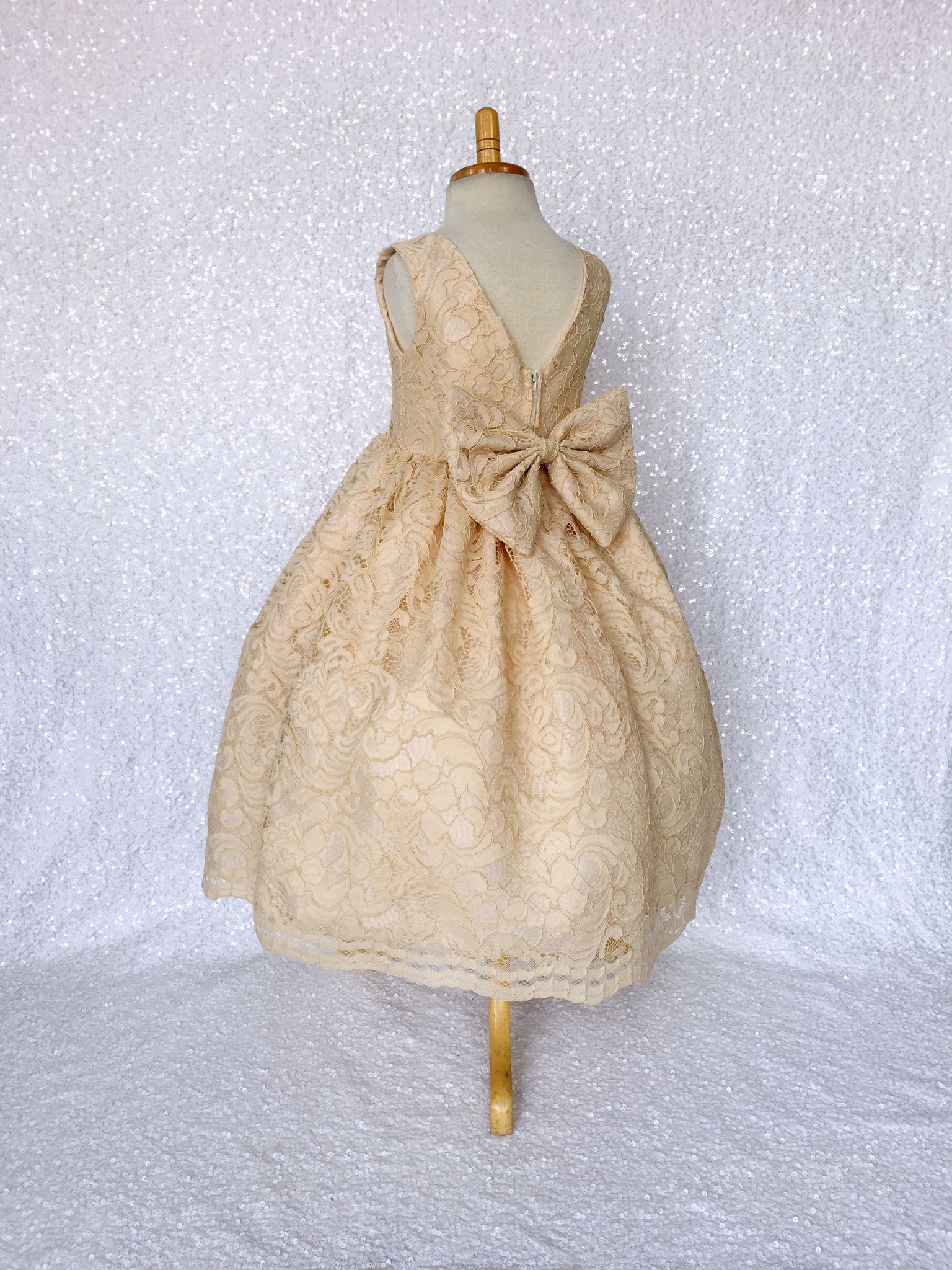 V-Back Champagne Full French Lace Dress Bow