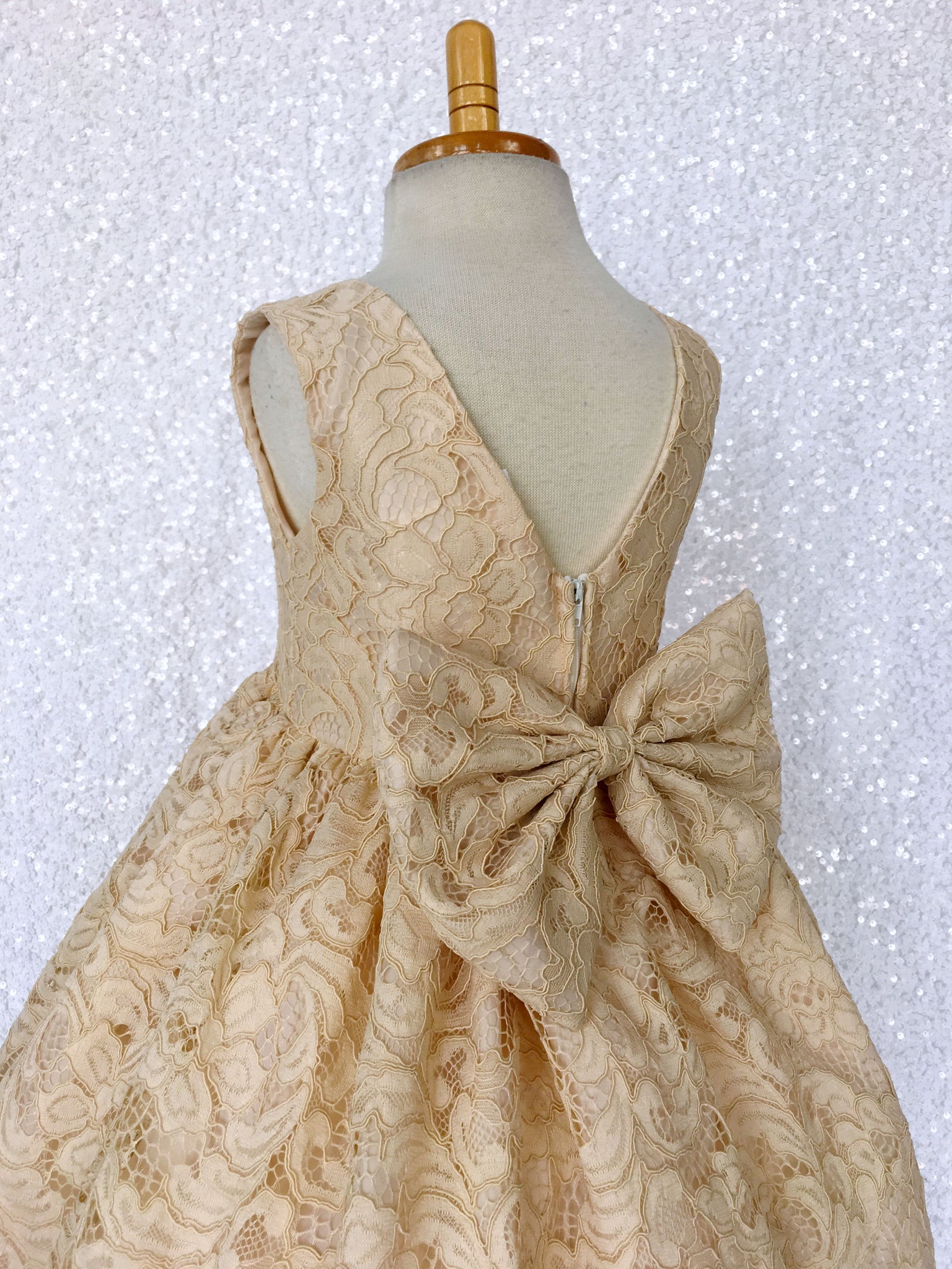 V-Back Champagne Full French Lace Dress Bow