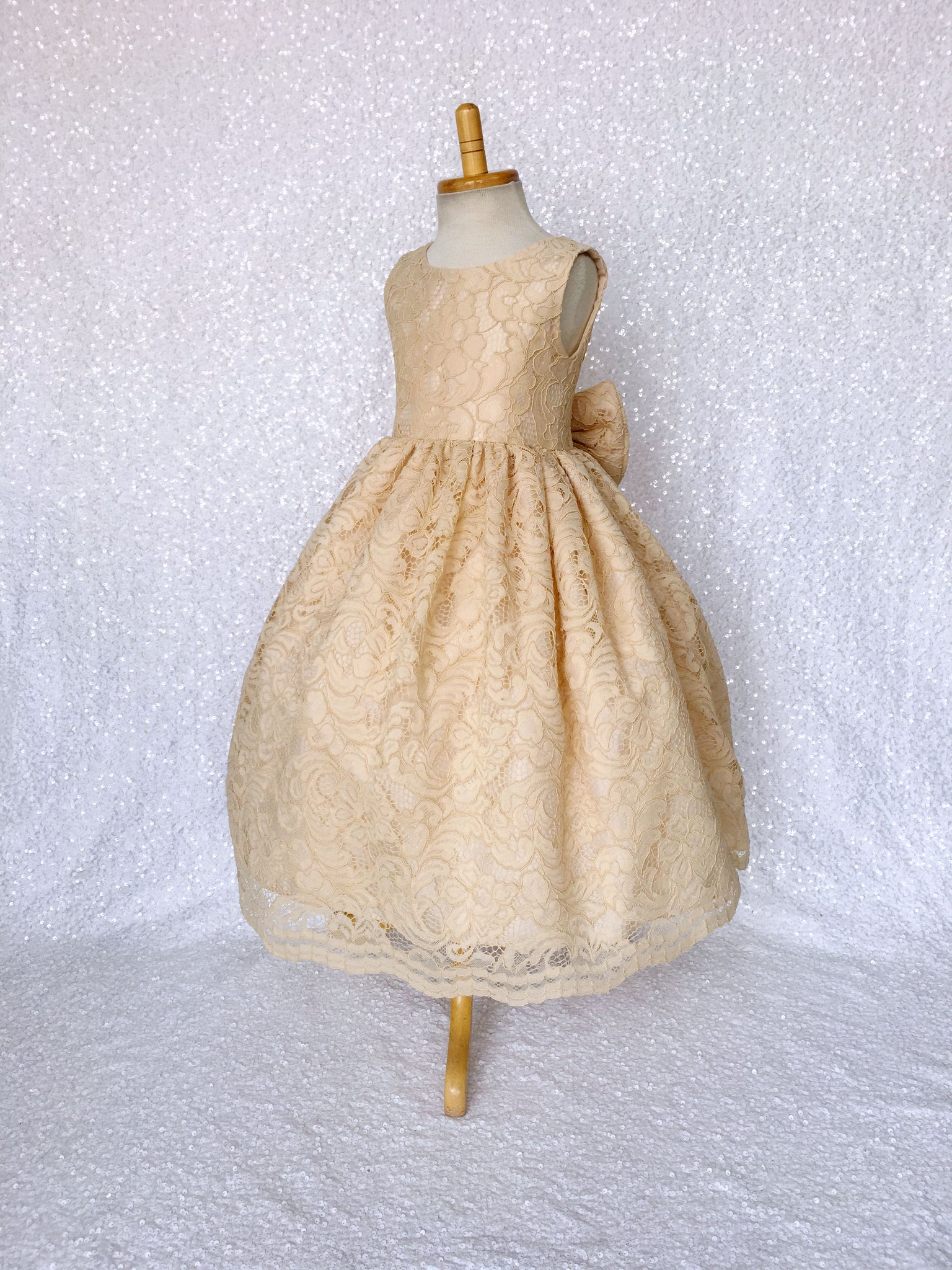 V-Back Champagne Full French Lace Dress Bow