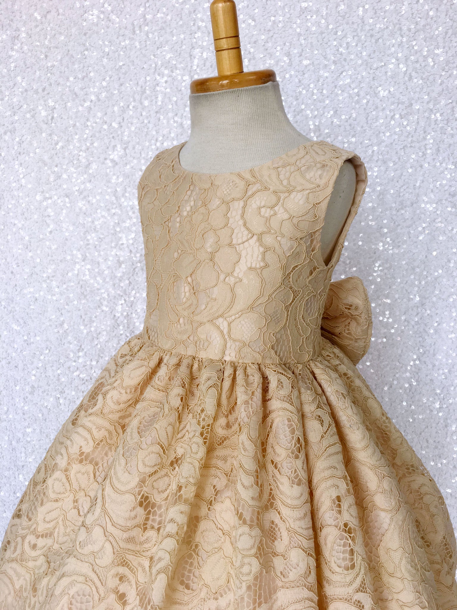 V-Back Champagne Full French Lace Dress Bow