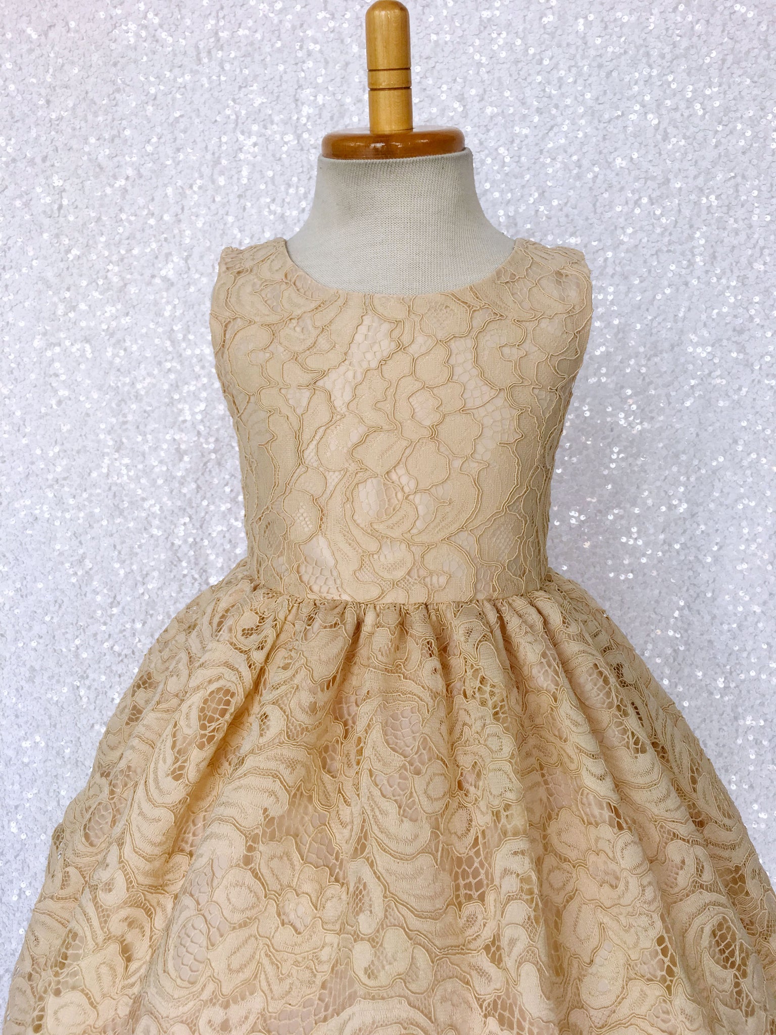 V-Back Champagne Full French Lace Dress Bow