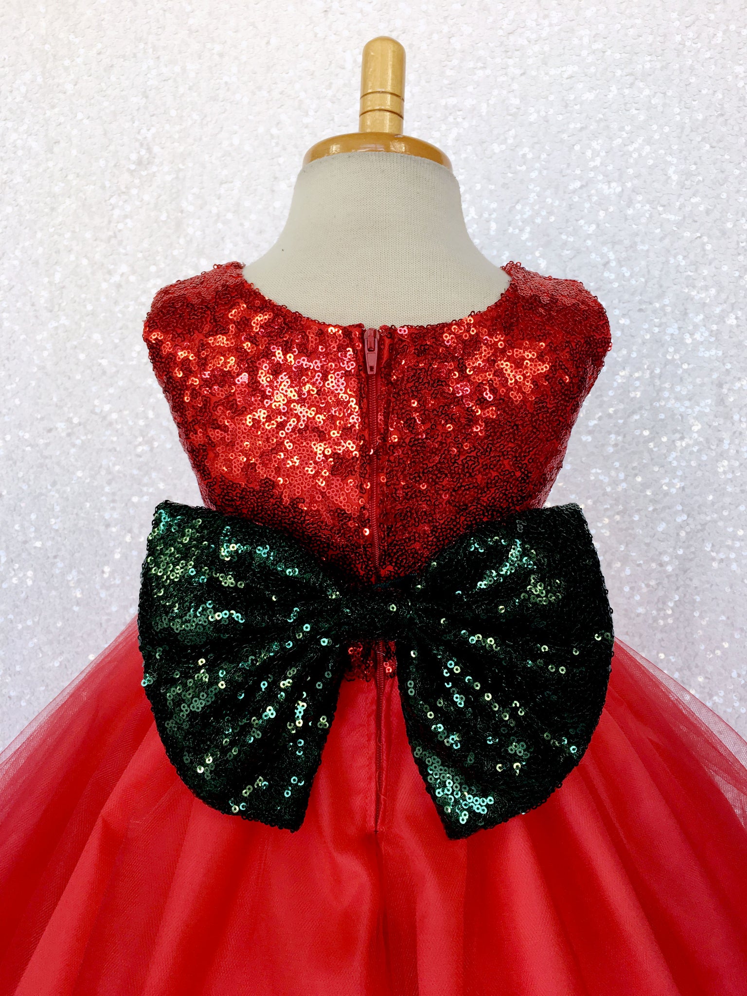 Mini Sequin Tulle Fishing Line Red 2 Layer Tulle Dress Gold Bow