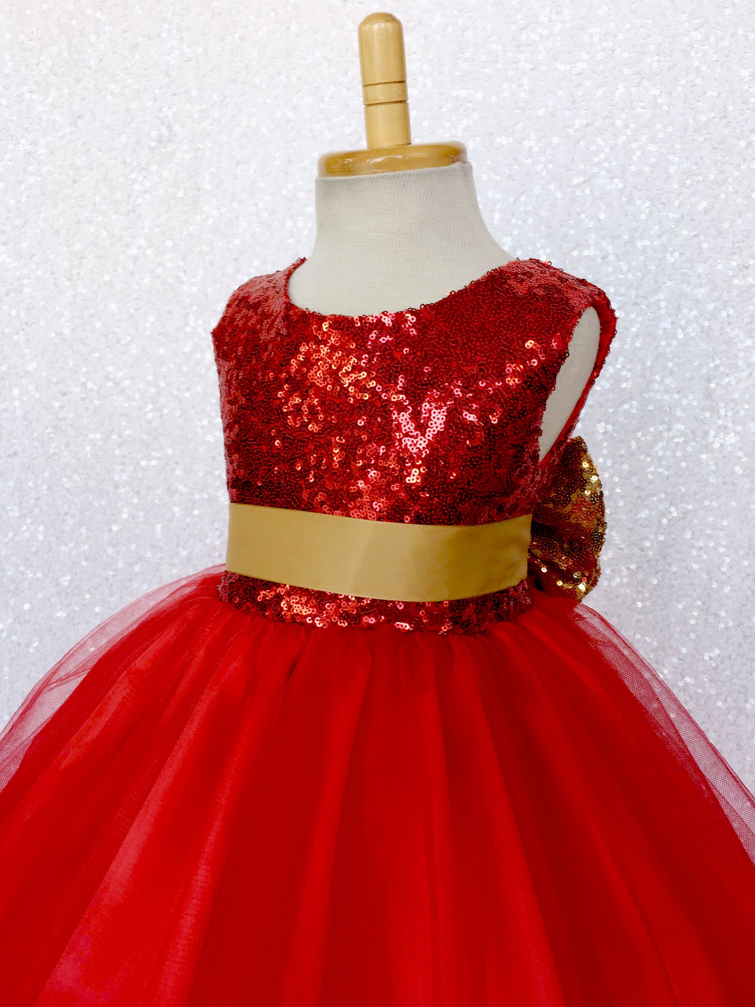 Mini Sequin Tulle Fishing Line Red 2 Layer Tulle Dress Gold Bow