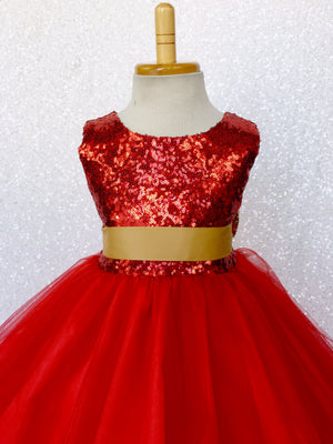 Mini Sequin Tulle Fishing Line Red 2 Layer Tulle Dress Gold Bow