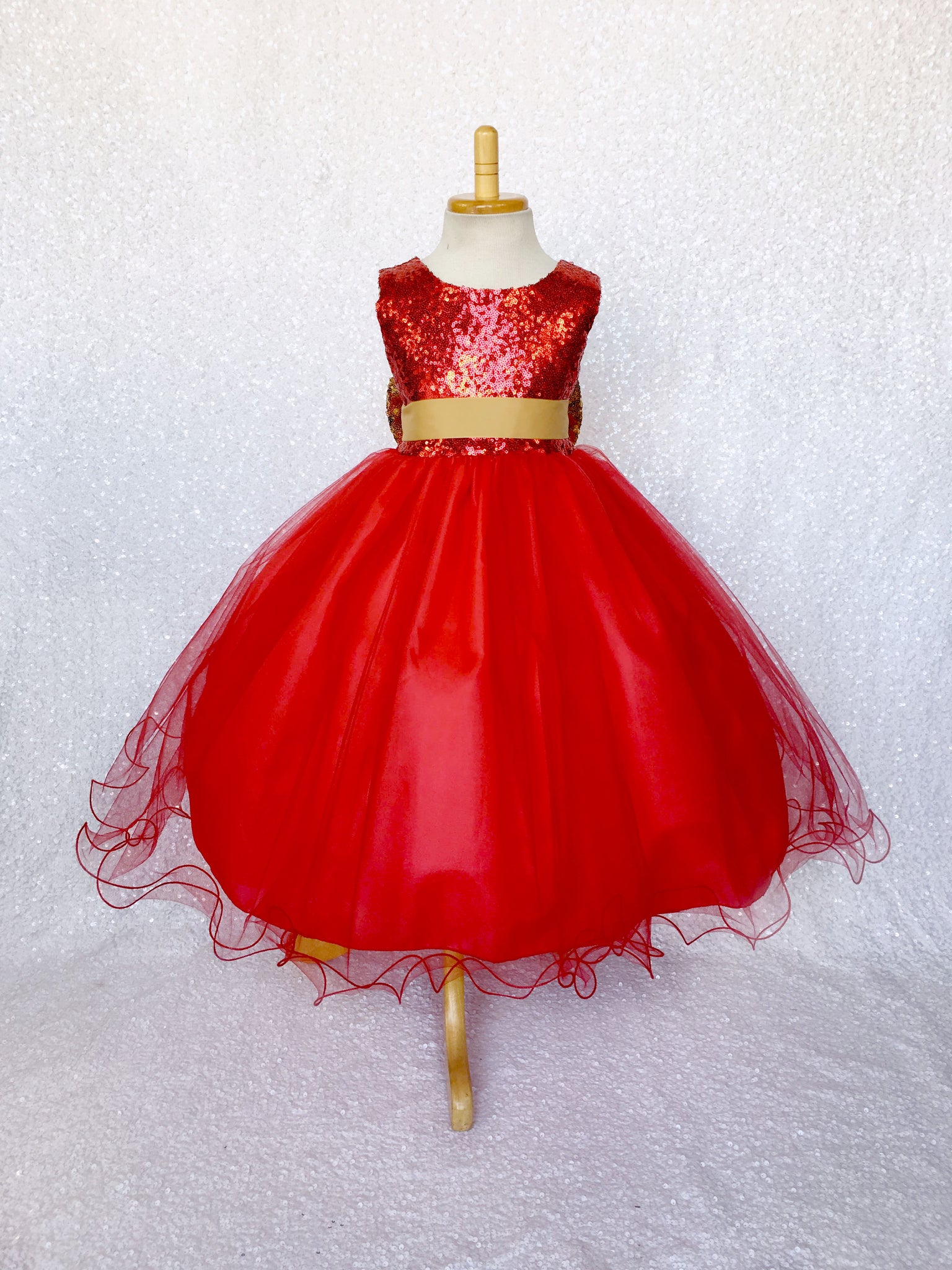 Mini Sequin Tulle Fishing Line Red 2 Layer Tulle Dress Gold Bow