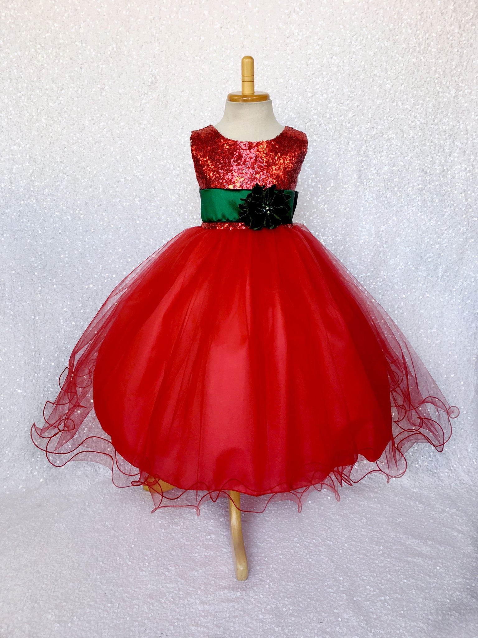 Red Mini Sequence Tulle Fishing Line Gown Black Sash Velvet Flower