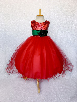 Red Mini Sequin Tulle Fishing Line Dress Velvet Flower