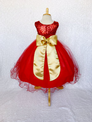 Fishing Line 2 Layer Tulle Red Sequin Gown Gold Sash Flower