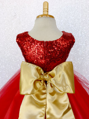 Fishing Line 2 Layer Tulle Red Sequin Gown Gold Sash Flower