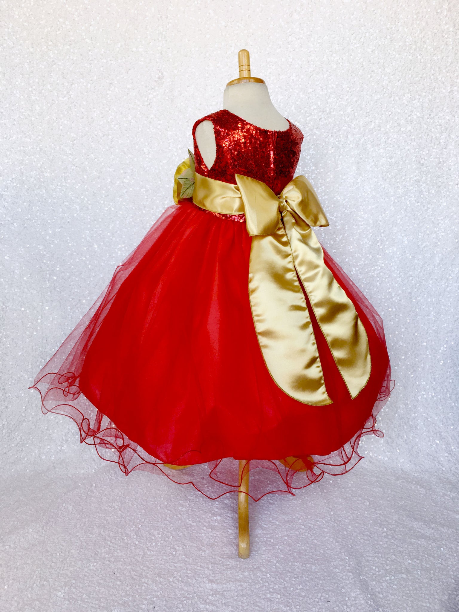 Fishing Line 2 Layer Tulle Red Sequin Gown Gold Sash Flower