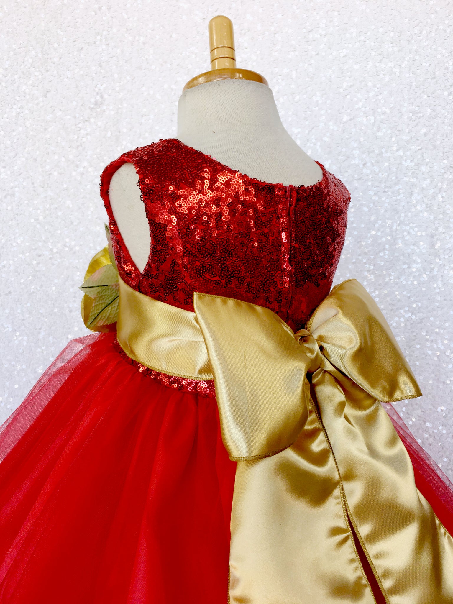 Fishing Line 2 Layer Tulle Red Sequin Gown Gold Sash Flower