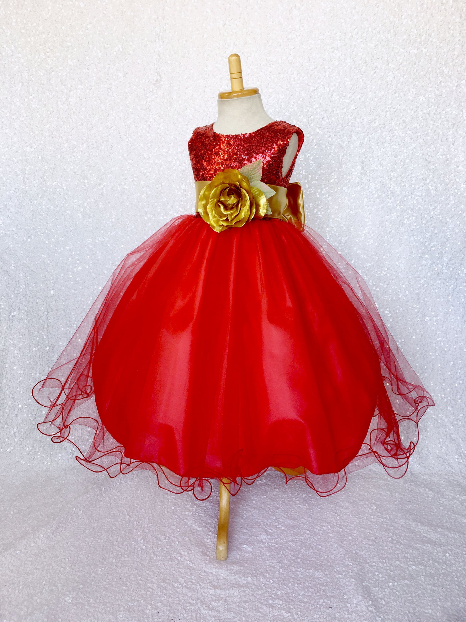 Fishing Line 2 Layer Tulle Red Sequin Gown Gold Sash Flower