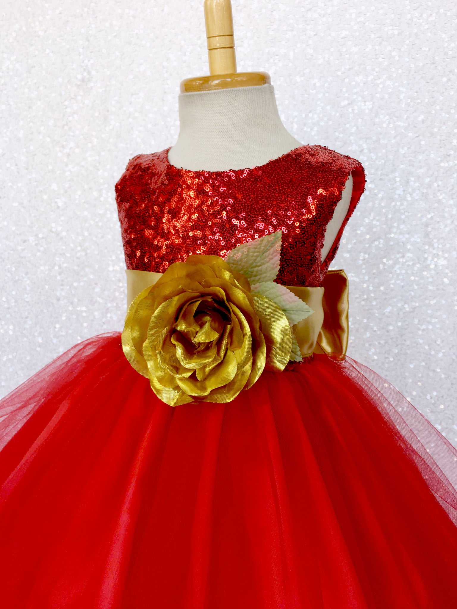 Fishing Line 2 Layer Tulle Red Sequin Gown Gold Sash Flower