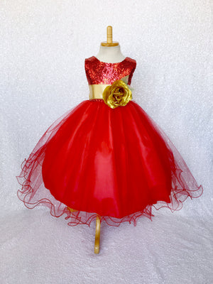 Red Mini Sequence Tulle Fishing Line Gown Black Sash Velvet Flower