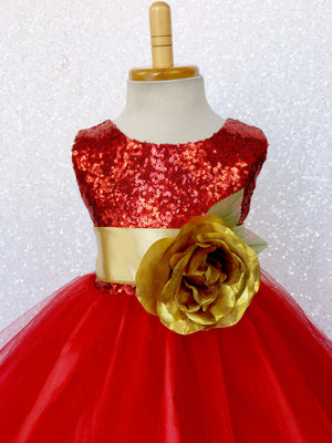 Fishing Line 2 Layer Tulle Red Sequin Gown Gold Sash Flower