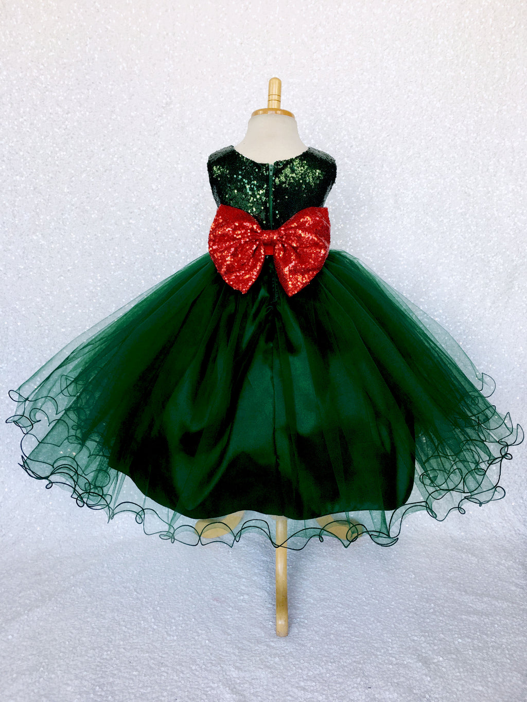 Mini Sequence Sleeveless 2 Layer Hunter Green Red Big Bow Tulle Gown