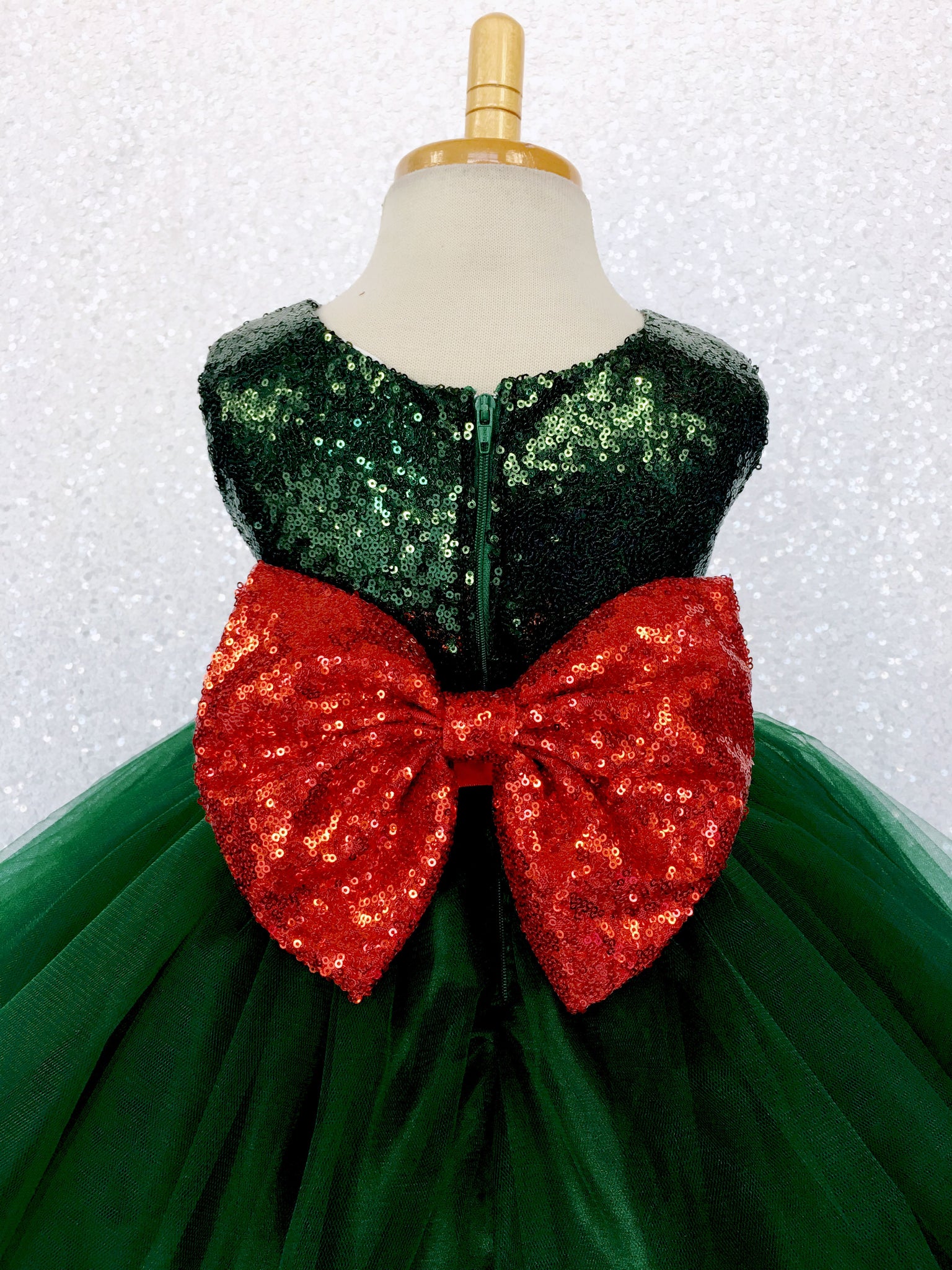 Hunter Green 2 Layer Tulle Dress Gold Sequin Bow