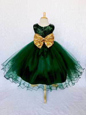 Hunter Green 2 Layer Tulle Dress Gold Sequin Bow